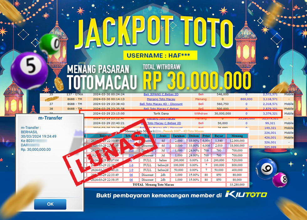 JACKPOT TOTO MACAU 30 JT LANGSUNG DIBAYAR LUNAS KIUTOTO